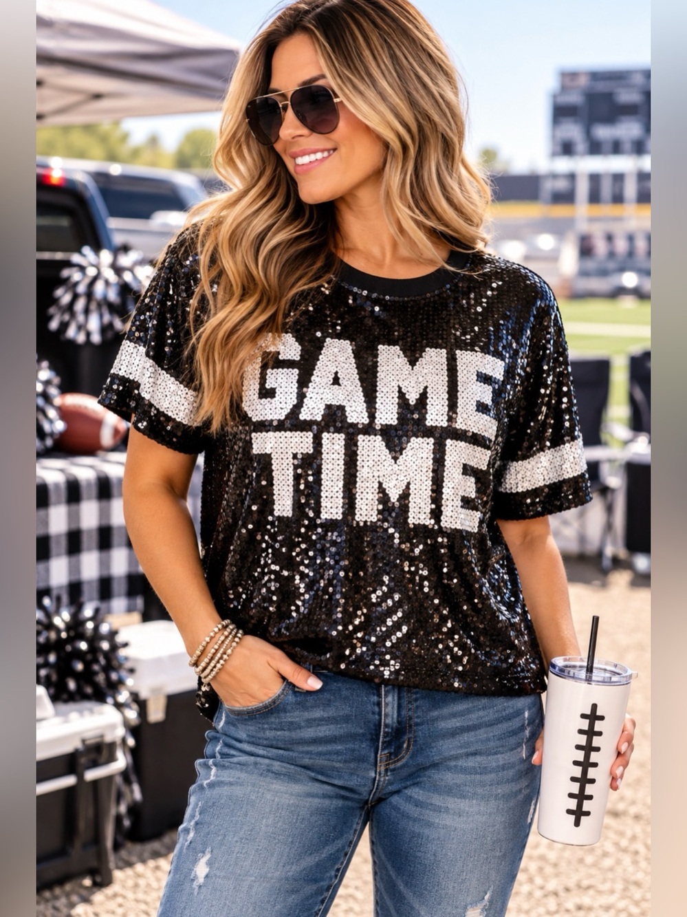 Blakeley Game Time Sequin Football Jersey Top Women’s 1X Black Silver